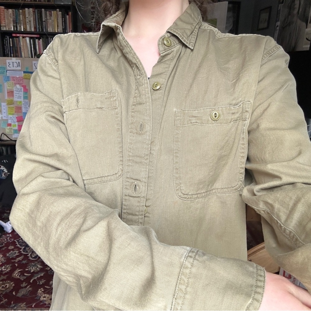 khaki green button up work shirt